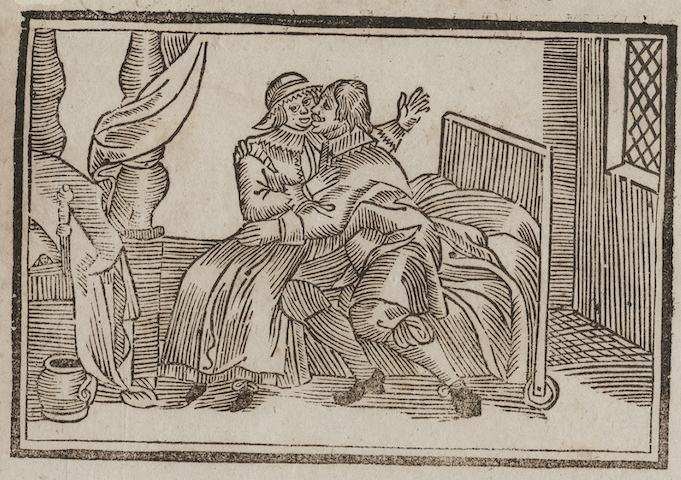 woodcut of man embracing woman on bed