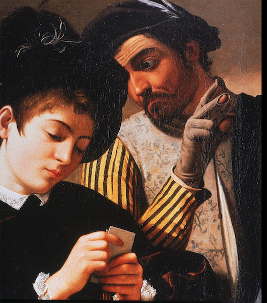 painting of two men cheating at cards
