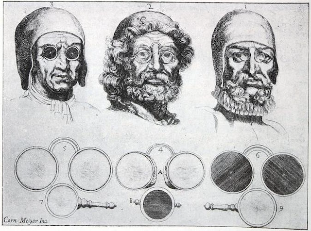 engraving of three men modeling spectacles, one with dark pinhole lenses