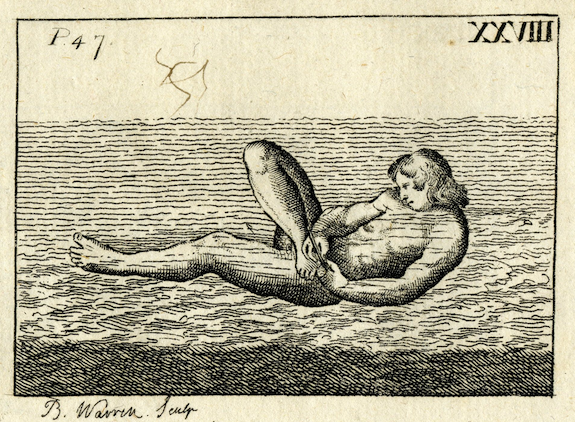 engraving of naked man in water trimming toenails with knife