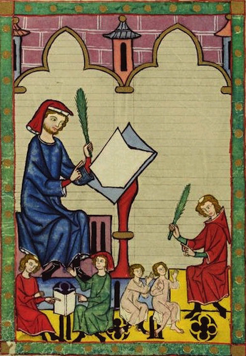 manuscript image of master at desk and very tiny students