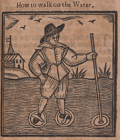 woodcut of man demonstrating technique with timbrels on water